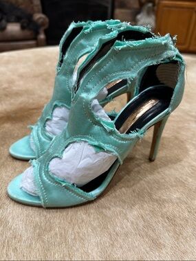 Rupert Sanderson Mint Green Silk Cutout High Heel Sandals size 38